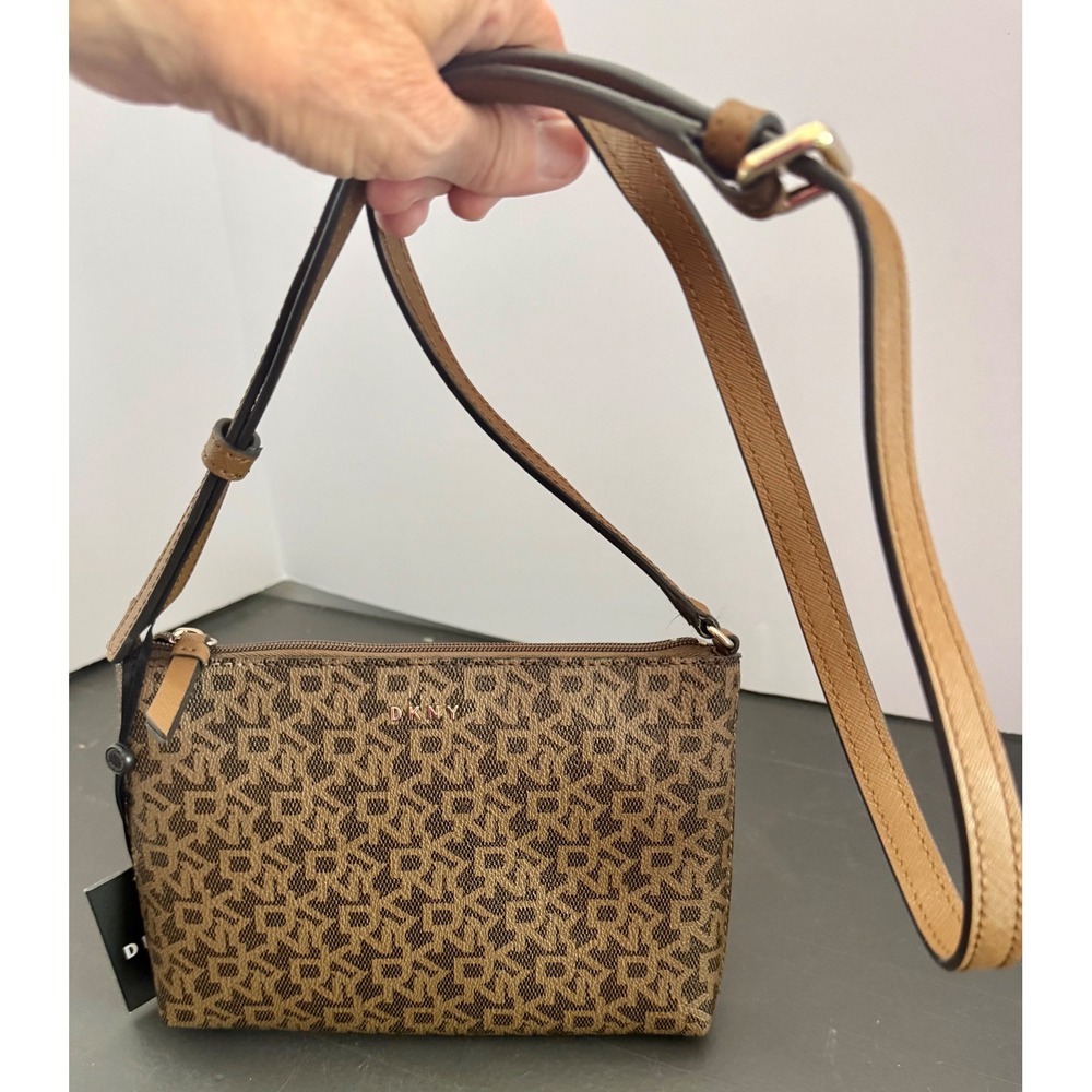 DKNY Caylin Topzip Crossbody Brown Black Gold Hardware Festival Date Night